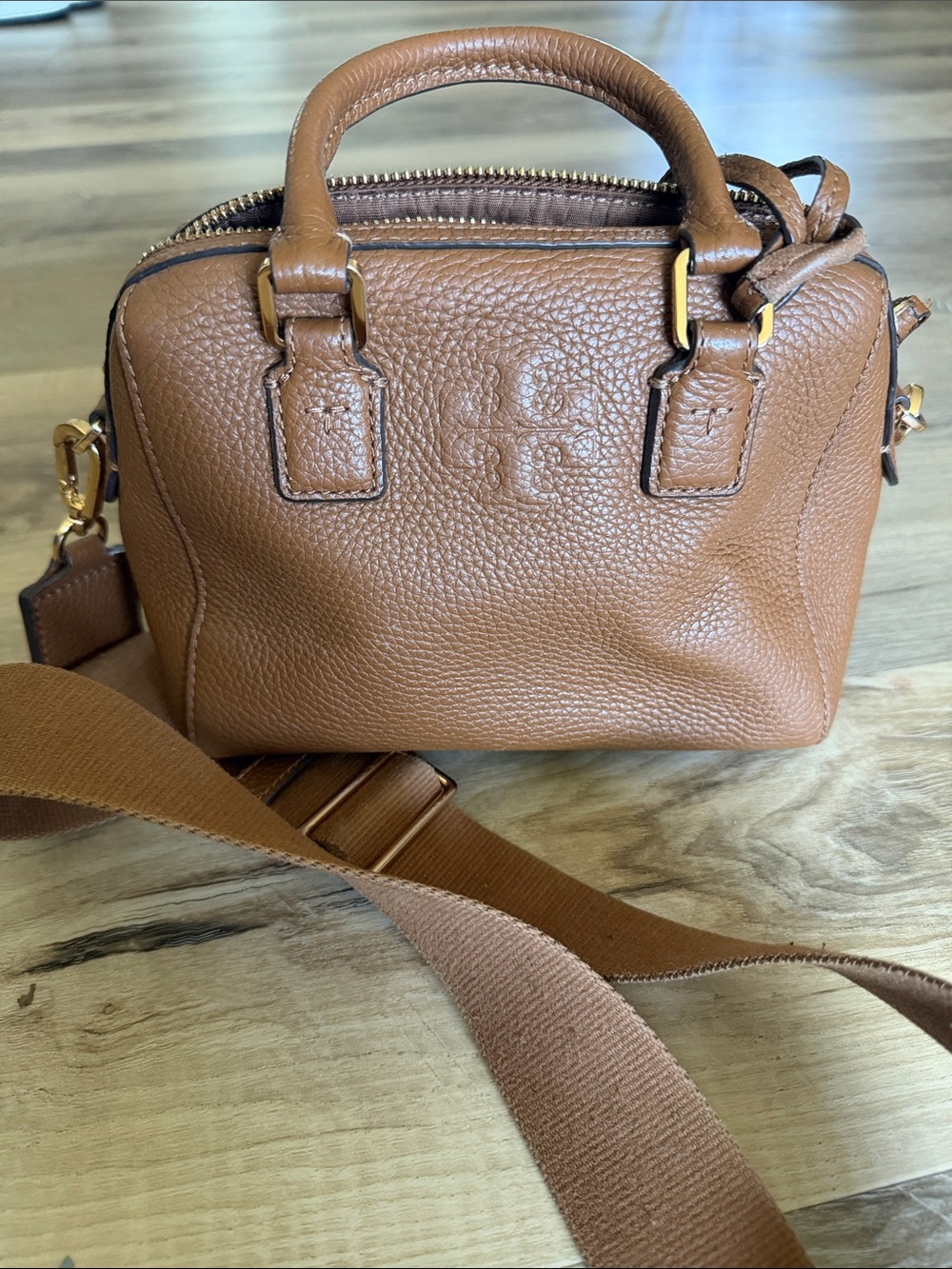 Tory Burch Cognac Pebbled Leather Mini Crossbody